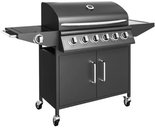 Gassgrill med 6 brennere og kokeplate