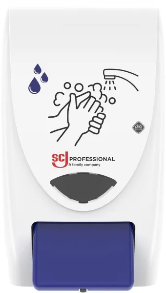 Dispenser Deb Stoko Cleanse Light for kremet såpe med rengjøringseffekt, hvit plast med blå knapp, 2 L